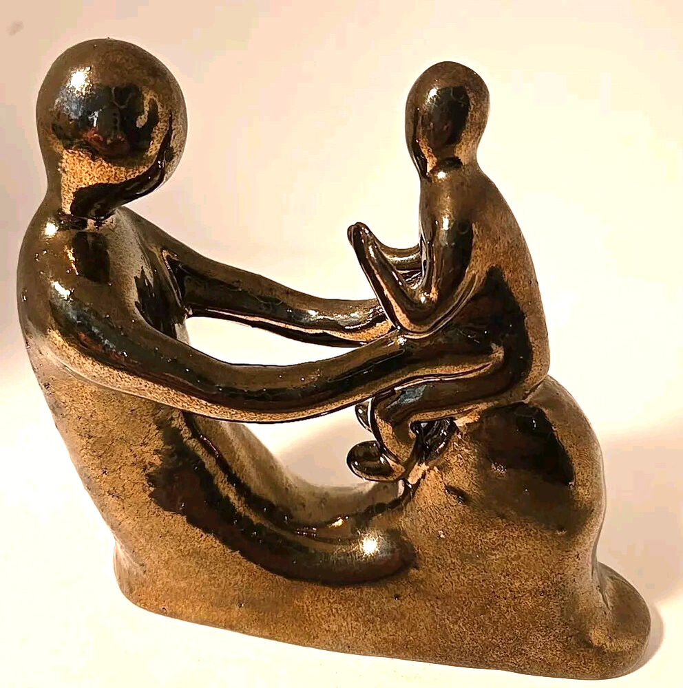 Modernist Bronze Sculpture of Mother and Child Playing Signed Metallic Clay Art