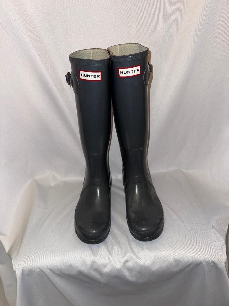 Hunter Unisex Gray Tall Rain Boots 7W 6M Glossy Rubber with Side Buckles