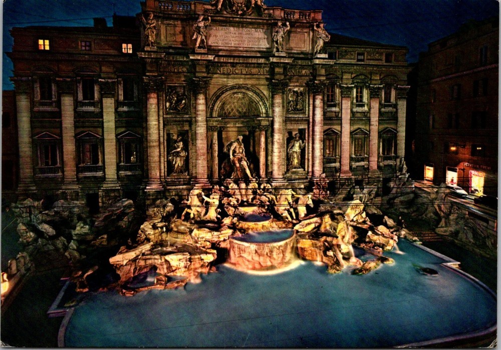 Postcard c1960 Fountain of Trevi at Night Rome Italy
