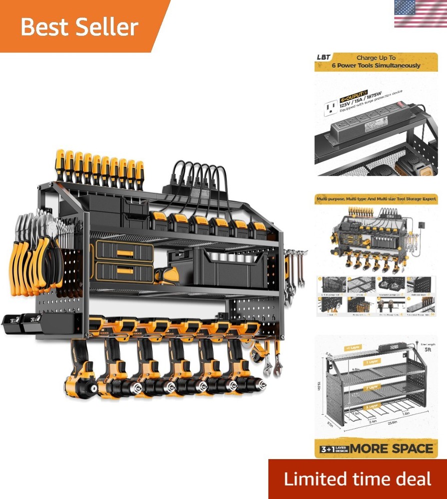 Power Tool Organizer Wall Mount with Charging Station. Patented, Heavy Duty S...