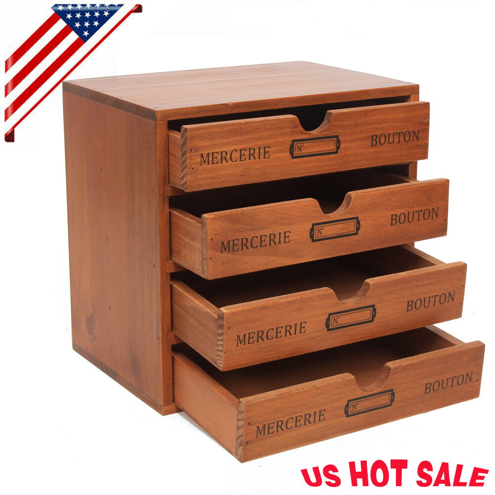 Vintage Wooden Desk Organizer with 4 Drawers for Stylish Storage