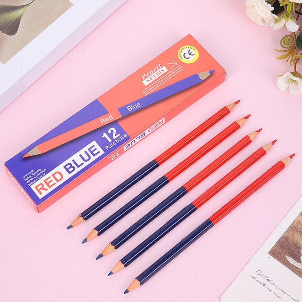 12pcs Red Blue 2-heads Pencils for Drawing, Writing, Woodworking Unerasable T3