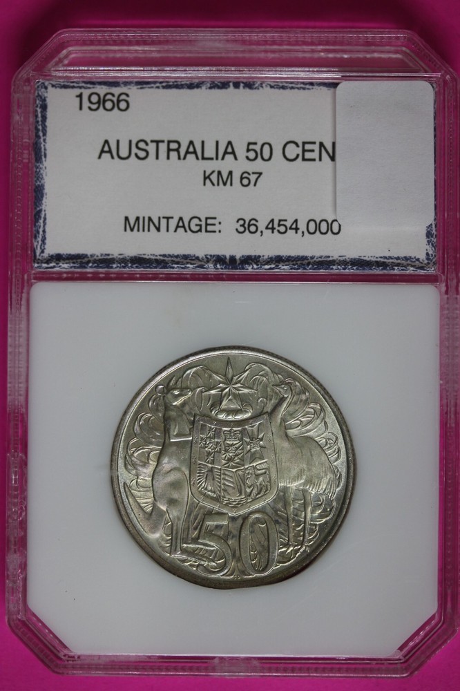 Rainbow Toned 1966 Australia 50 Cents BU 800 Fine Silver Old School PCI Slab 256