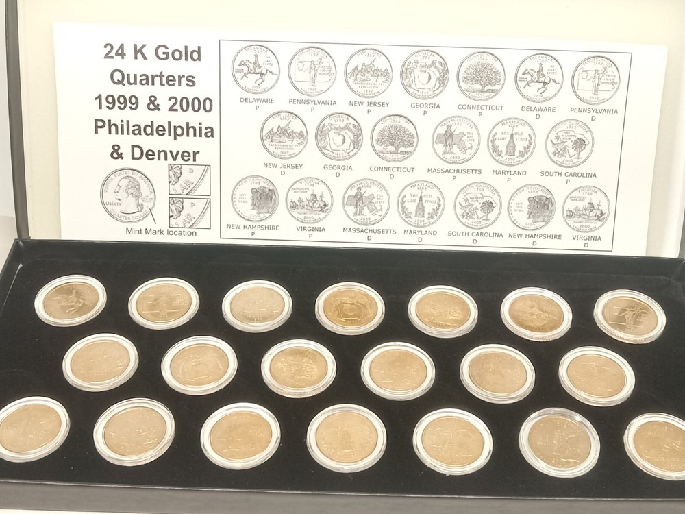 24 K Gold Quarters 1999 & 2000 Philadelphia & Denver State Coin Collection  A.45