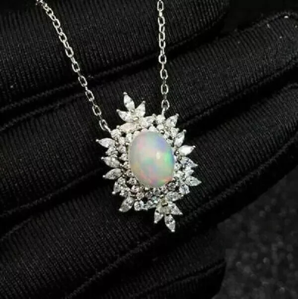 2Ct Oval Cut Fire Opal & Diamond Halo Pendant 14K White Gold Finish Free Chain