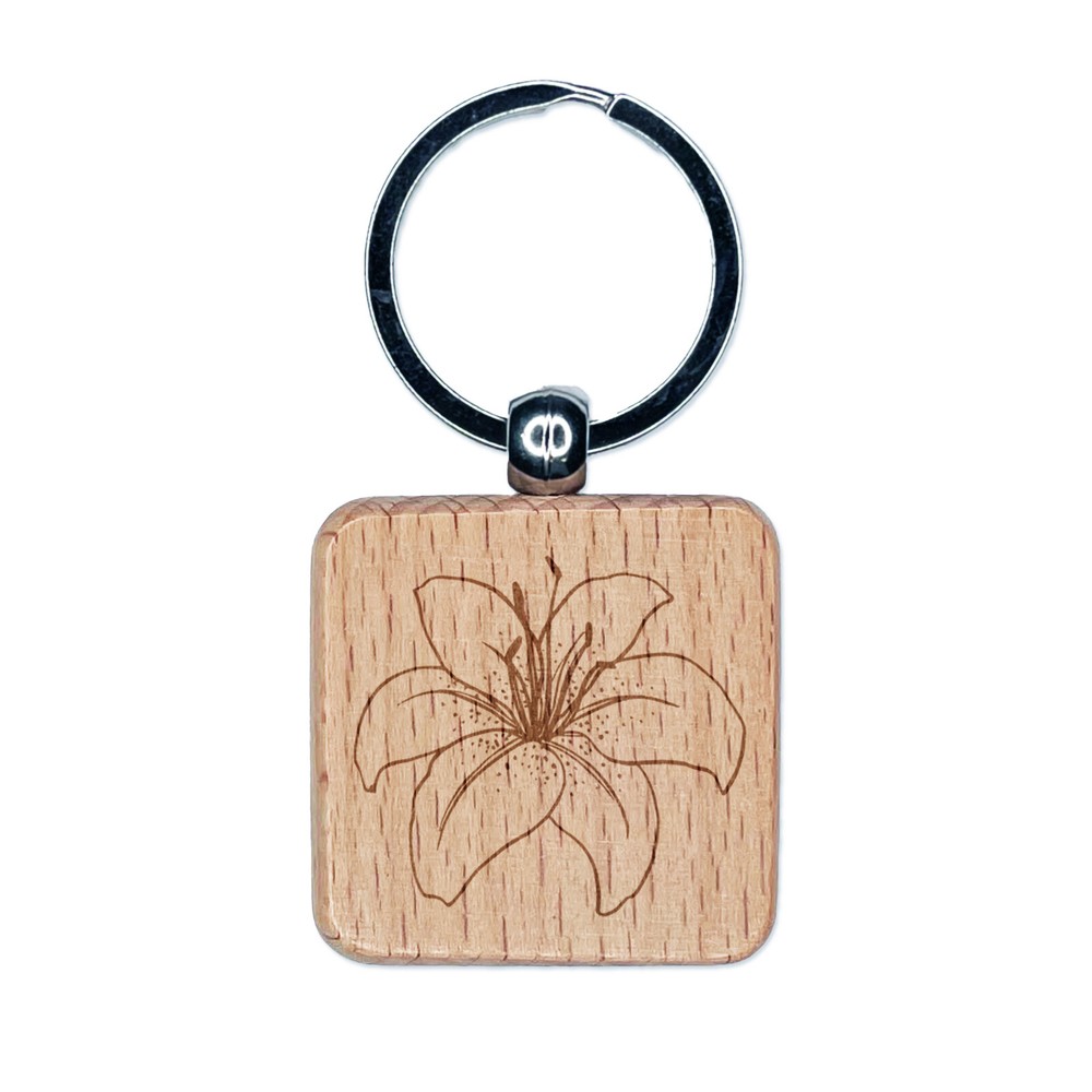 Llavero cuadrado de madera grabada con flor de lirio de tigre etiqueta dije