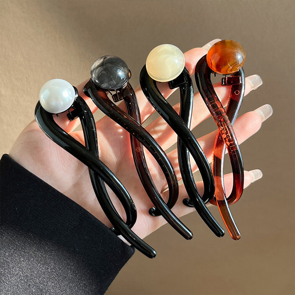 Beaded S-Shape Twisted Clip Frog Buckle Ponytail Hairpins Hair Accessory