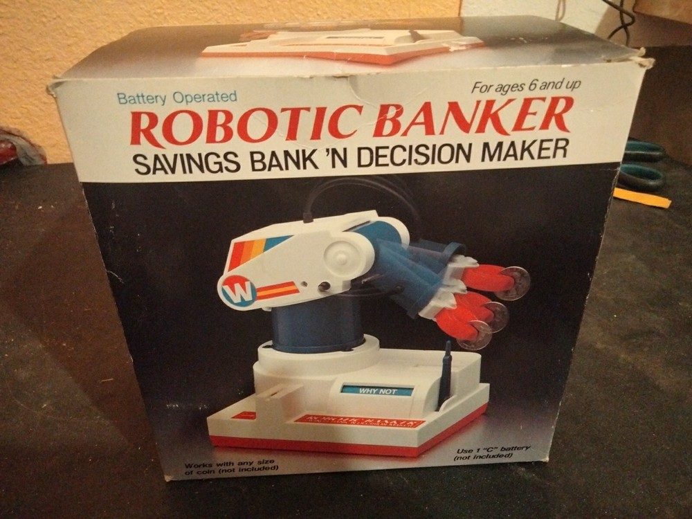 Vintage Waco RADIO SHACK Robotic Arm Coin Bank Gives Advice Working !! W/Box