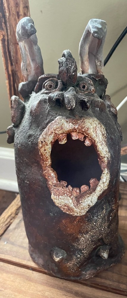 Handmade Clay Horned Creature with Glowing Interior Light