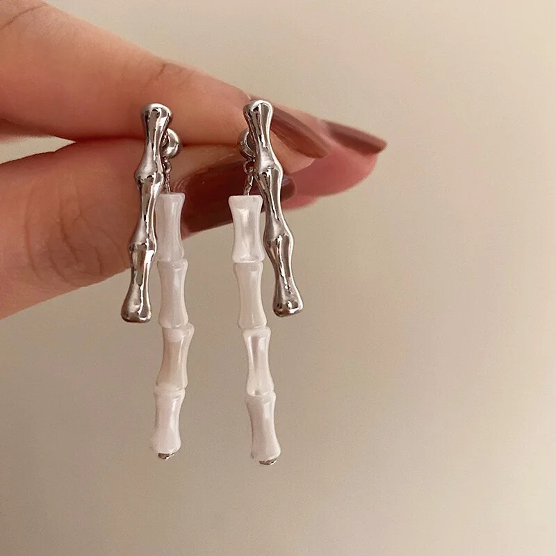 New Chinese White Jade Bamboo Knot A Pair Of Earrings Fashion Design Sense Of Wo