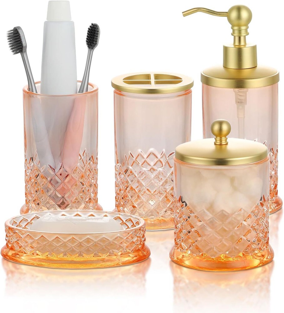 Glass Bathroom Accessories Set - Complete 5 Pc Accessory Pink