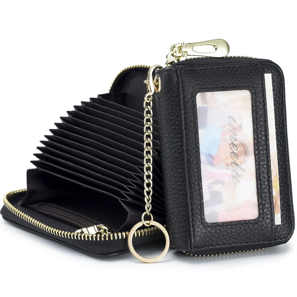 RFID-Blocking Genuine Leather Zipper Card Holder with Detachable Strap  -image