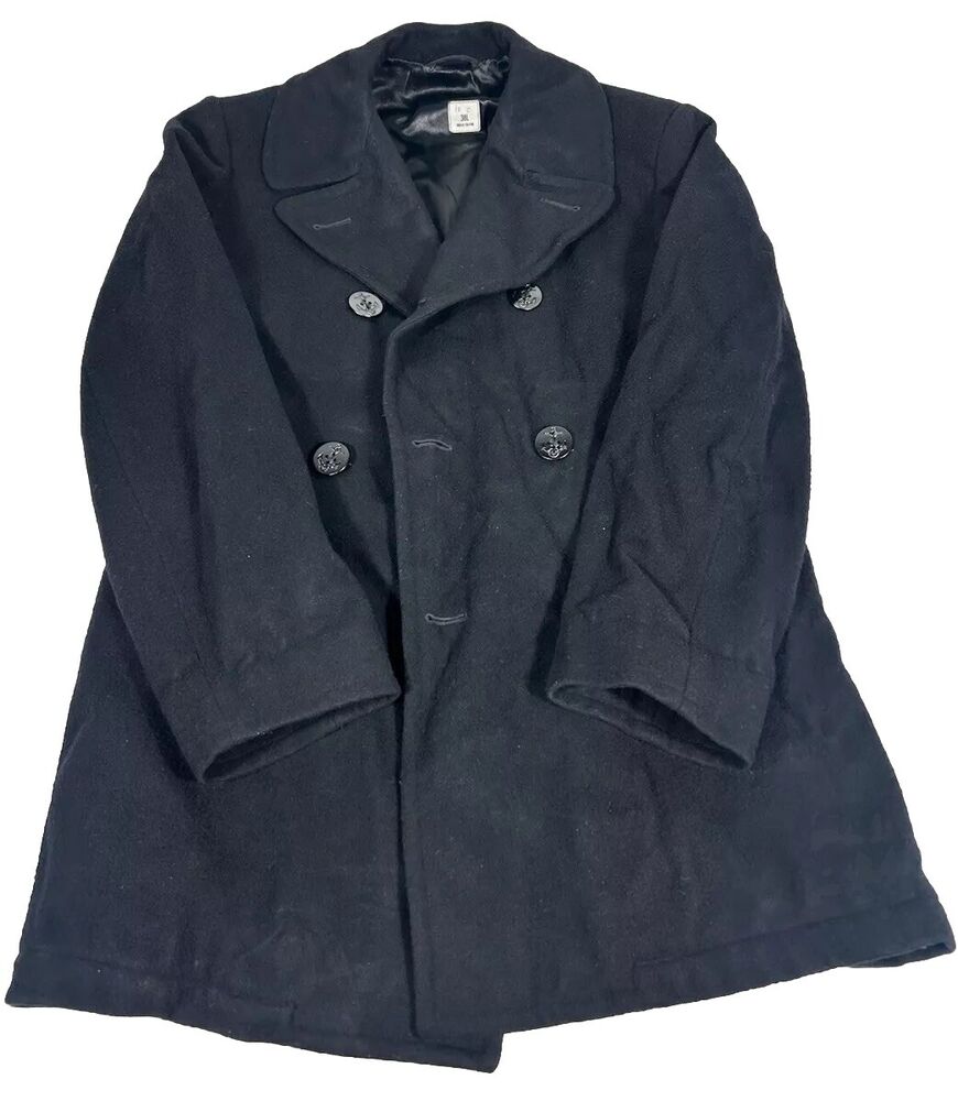 NAVY PEACOAT 38 LONG BLACK WOOL VTG 90s US NAVY ANCHOR STERLING WEAR OF BOSTON
