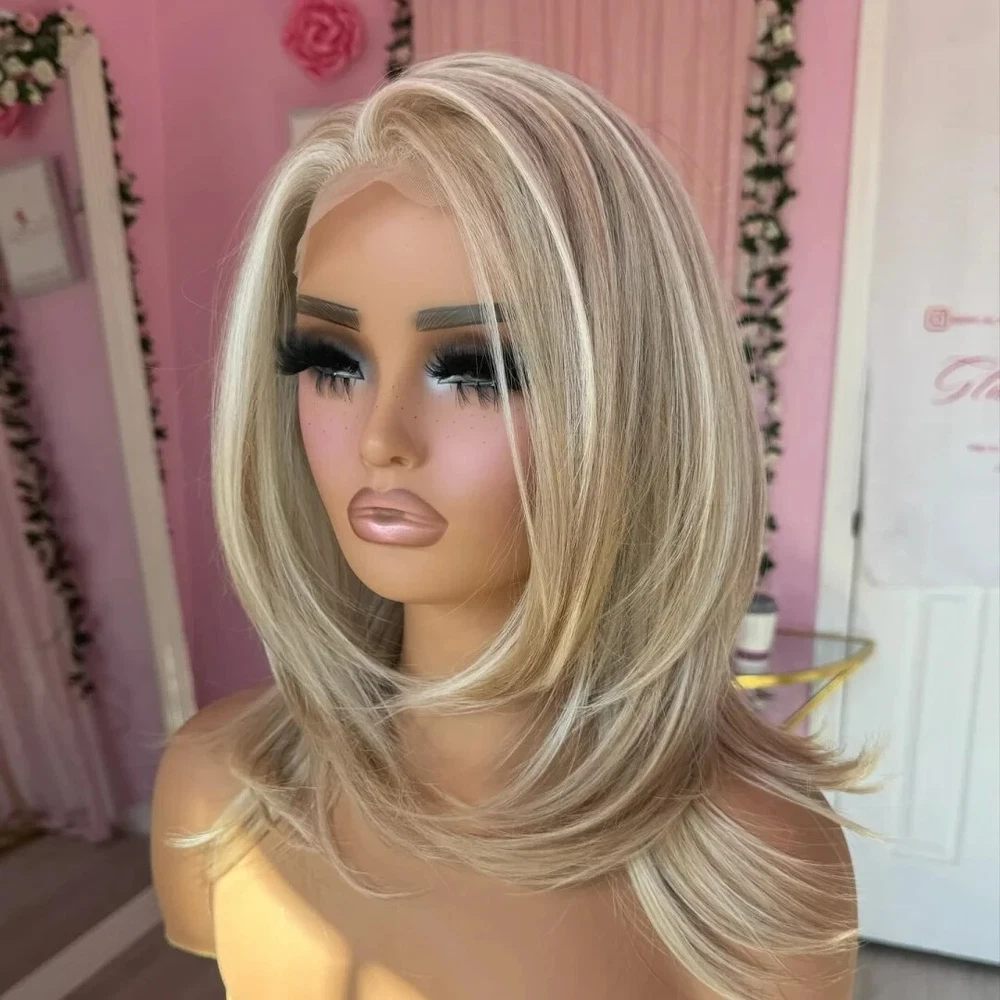 Natural Ash Blonde Highlights Wig 100% Human Hair Lace Front Wigs Layered