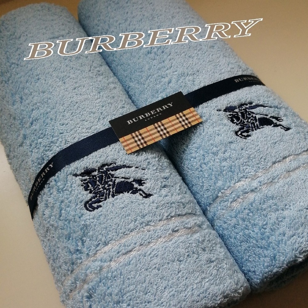 Burberry Face Towel Set Light Blue Silver Stripe Navy Horse Embroidery