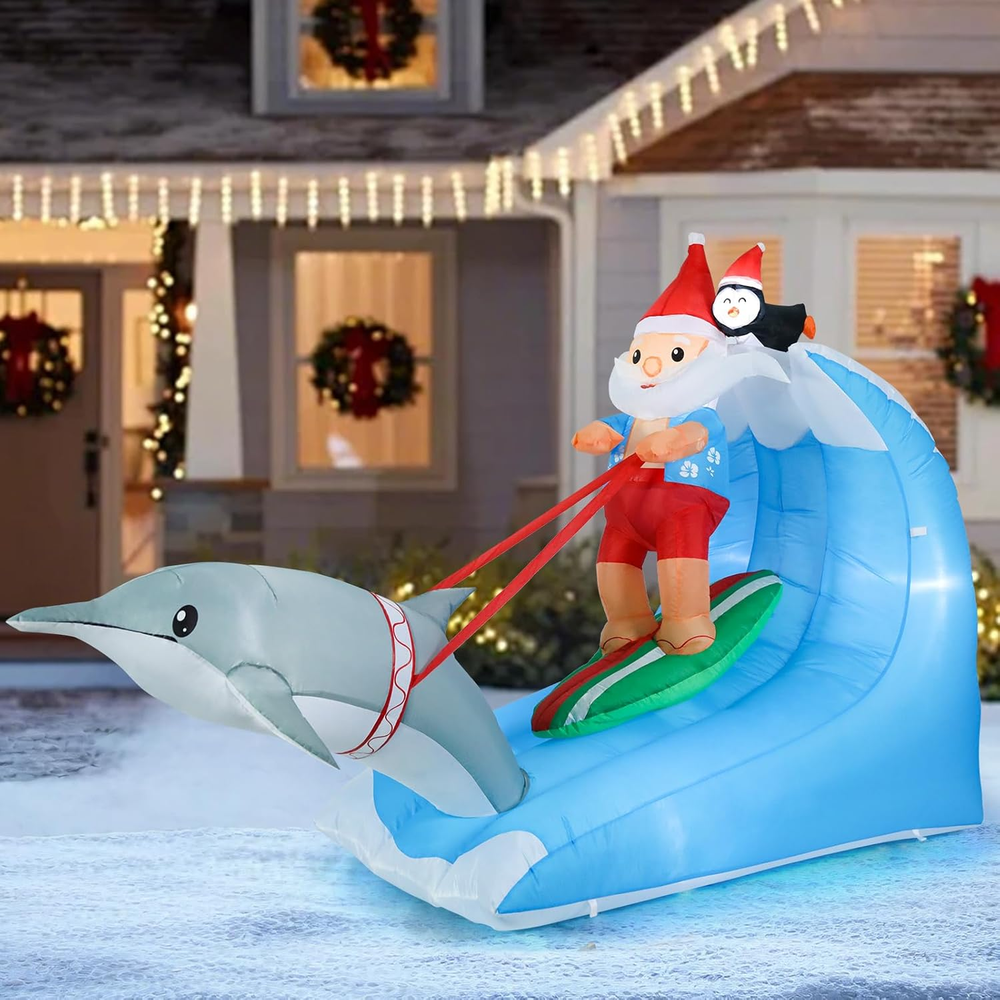 8FT Christmas Inflatables Surfing Santa 2025 NEW LED Outdoor Decoration