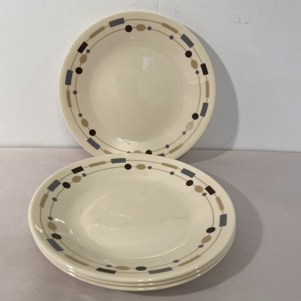 4 Corelle Vitrelle 6 3/4” salad Dessert, Plates, white with geometric squares.