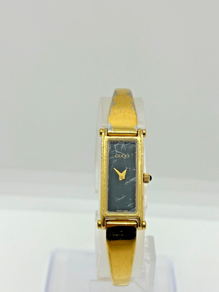 GUCCI 1500 Watch Gold Black Dial QZ Women’s Bangle Wrist Watch Used Working