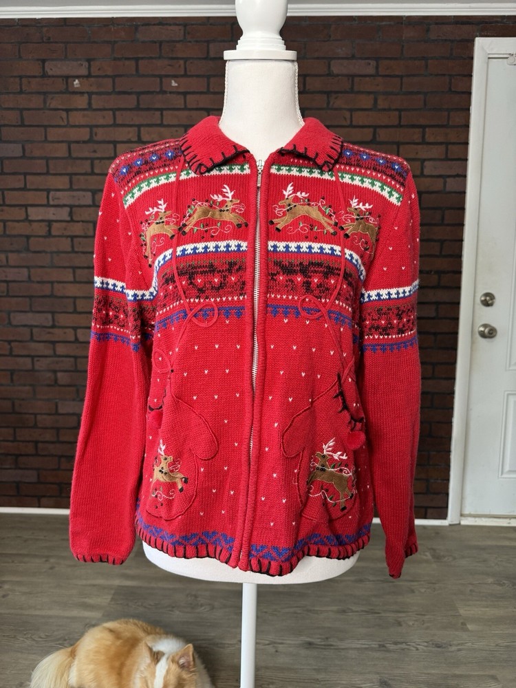 The Perfect Vintage Christmas Sweater With Mitten Pockets And Reindeer Petite XL