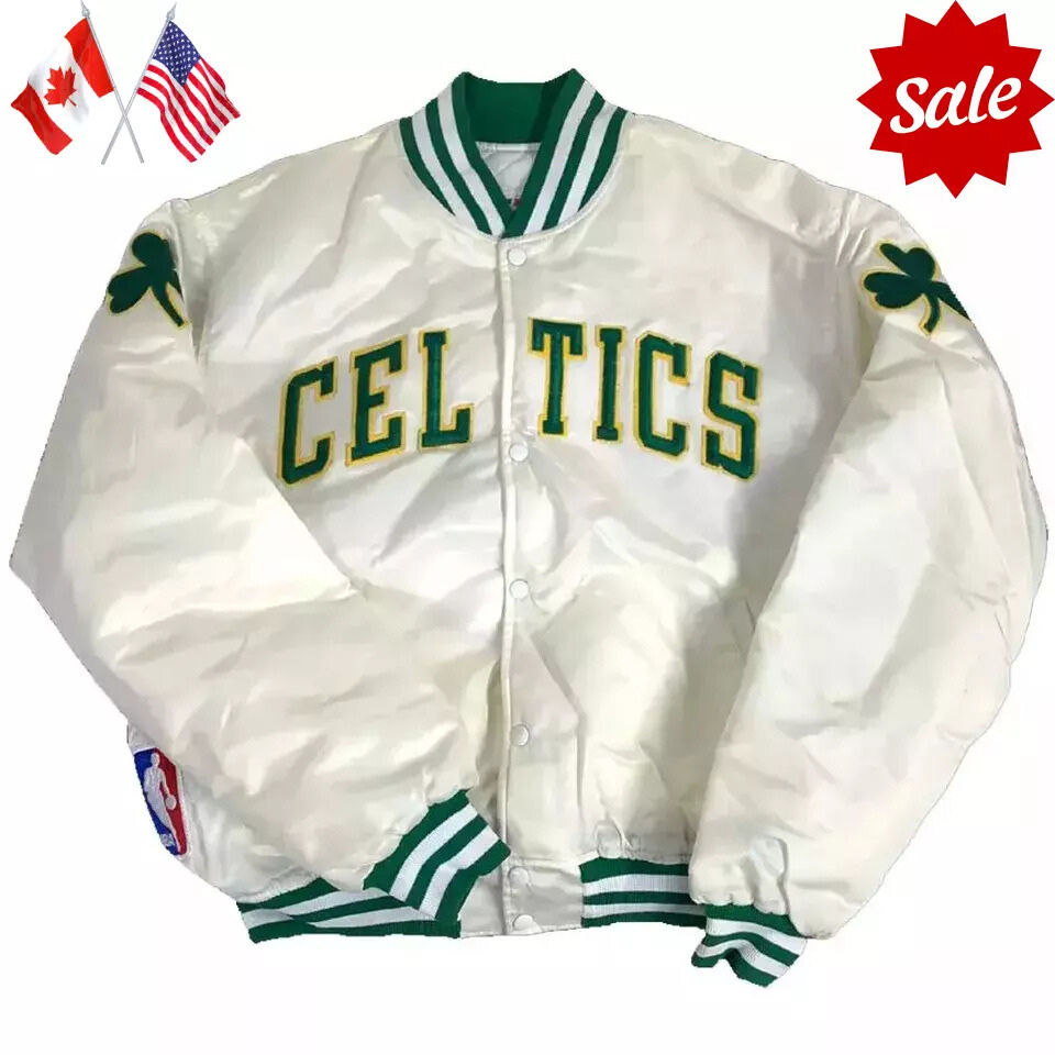 Vintage Boston Celtics White Satin Jacket - Unisex Full-Snap Varsity Bomber