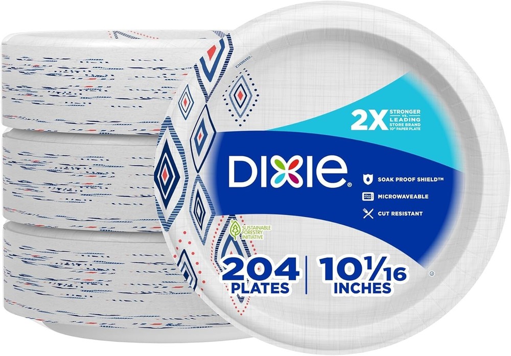 Dixie Disposable Paper Plates, 10 in, 204 count, Soak-Proof , Microwave-Safe