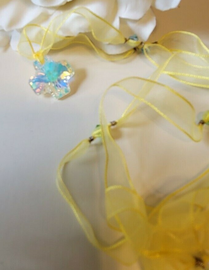 † YELLOW Ribbon Crystal Cross Necklace †  STUNNING Aurora Borealis