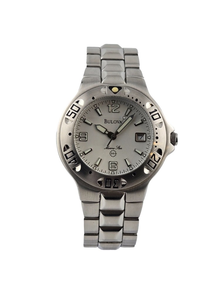 Bulova Mens Marine Star White Dial Stainless Steel Watch 96B74 Vintage