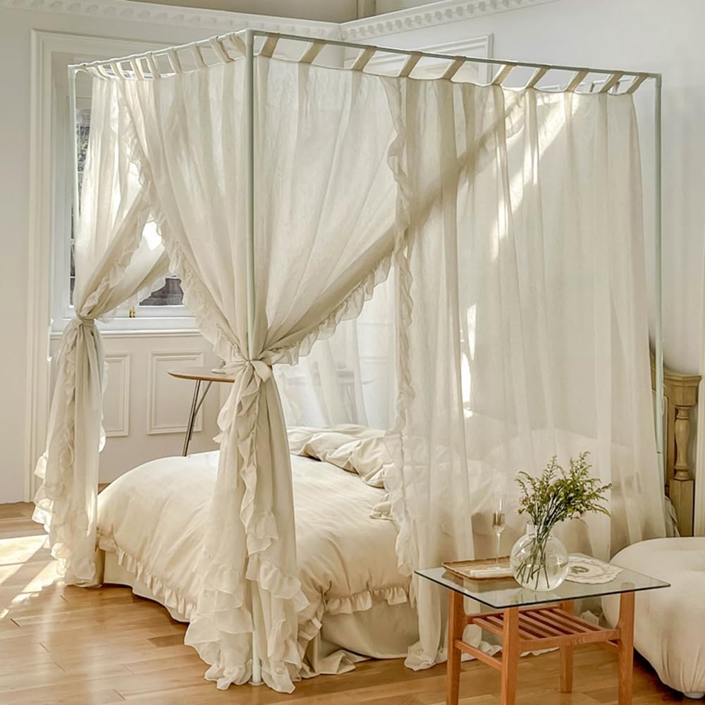 Canopy Bed Curtains,Linen Bed Canopy Curtains 4 Corner Bed Drapes Canopy Curtain