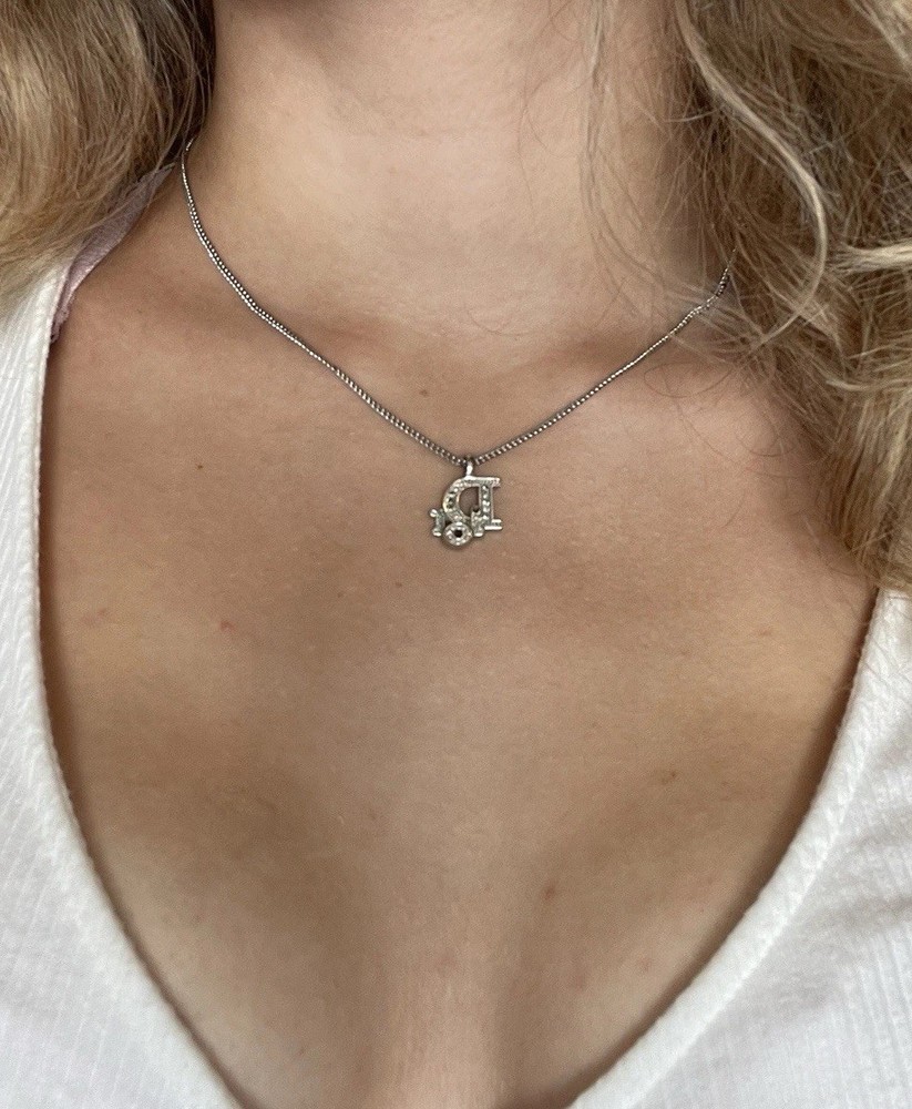 Vintage Dior Rhinestone Logo Pendant Silver Plated Necklace