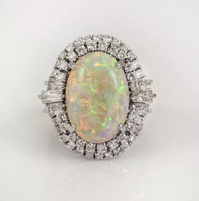 4Ct Oval Cut Fire Opal Nature Fire Opal Halo Wedding Ring 14K White Gold Plated