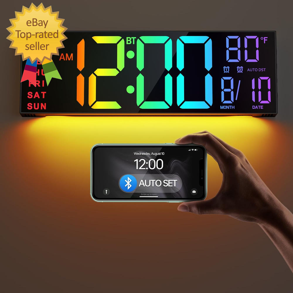 16.2 Inch Bluetooth LED Wall Clock with Alarm and RGB Color Sync