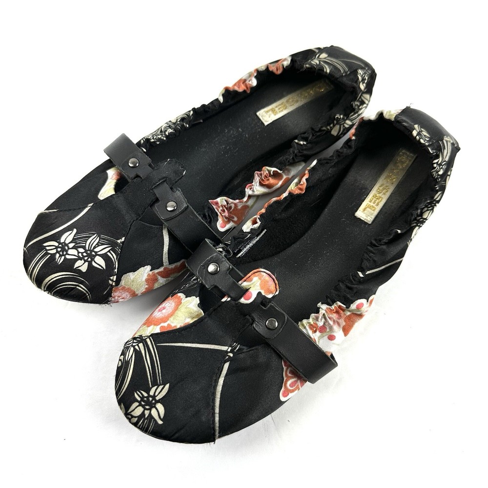 Diesel Obi Ballet Flats 8.5 Black Floral Silky Fabric Slip On Shoes Womens
