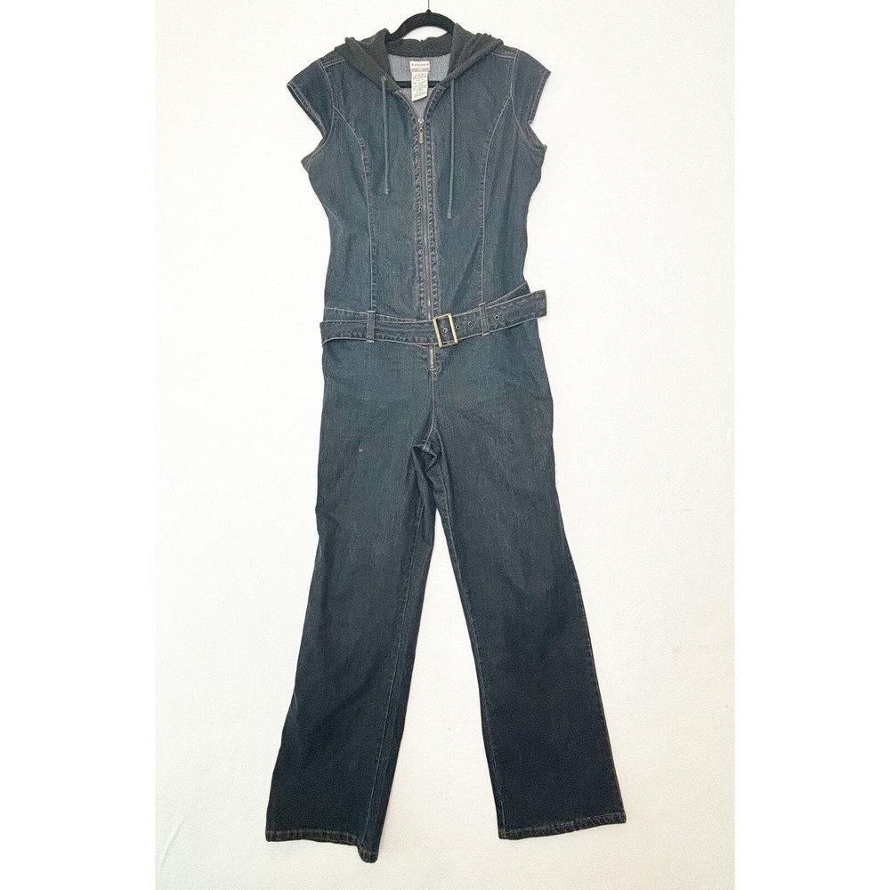 Y2K 90s Denim Belted Hoodie Jumpsuit Womens XL Straight Leg Cotton No Boundaries
