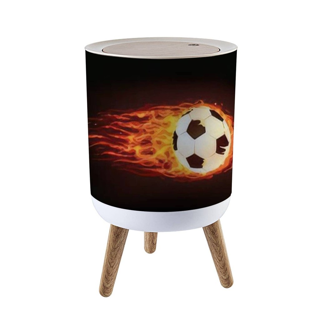 Small Trash Can with Lid Soccer Ball in Fire Isolated on Black Garbage Bin Wo...