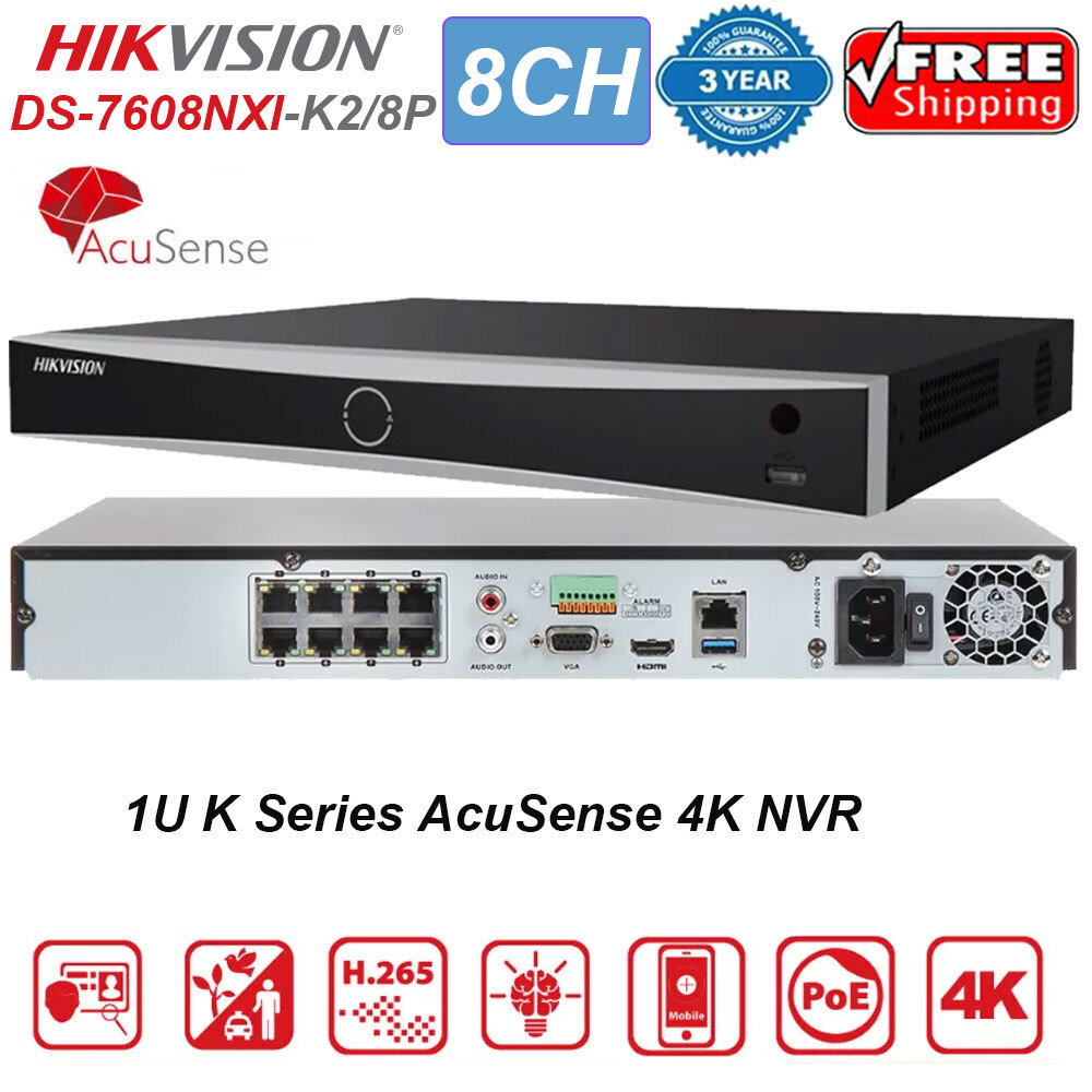 Hikvision 12MP 4K NVR 8CH DS-7608NXI-K2/8P AcuSense Network Recording 2 SATA