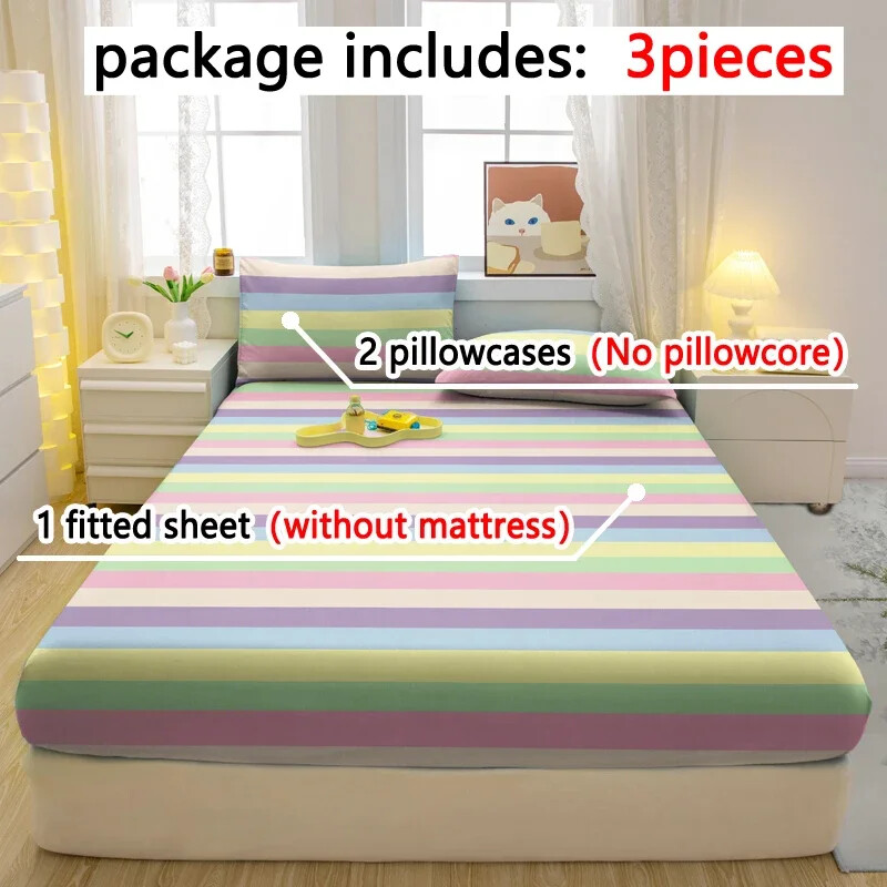 3-piece Stripe Pattern Matte Three Piece Fitted Sheet Set, Printed Bed Cover Set