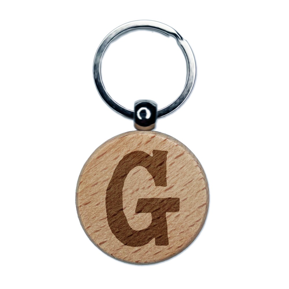 Letter G Uppercase Cute Typewriter Font Engraved Wood Round Keychain Tag Charm