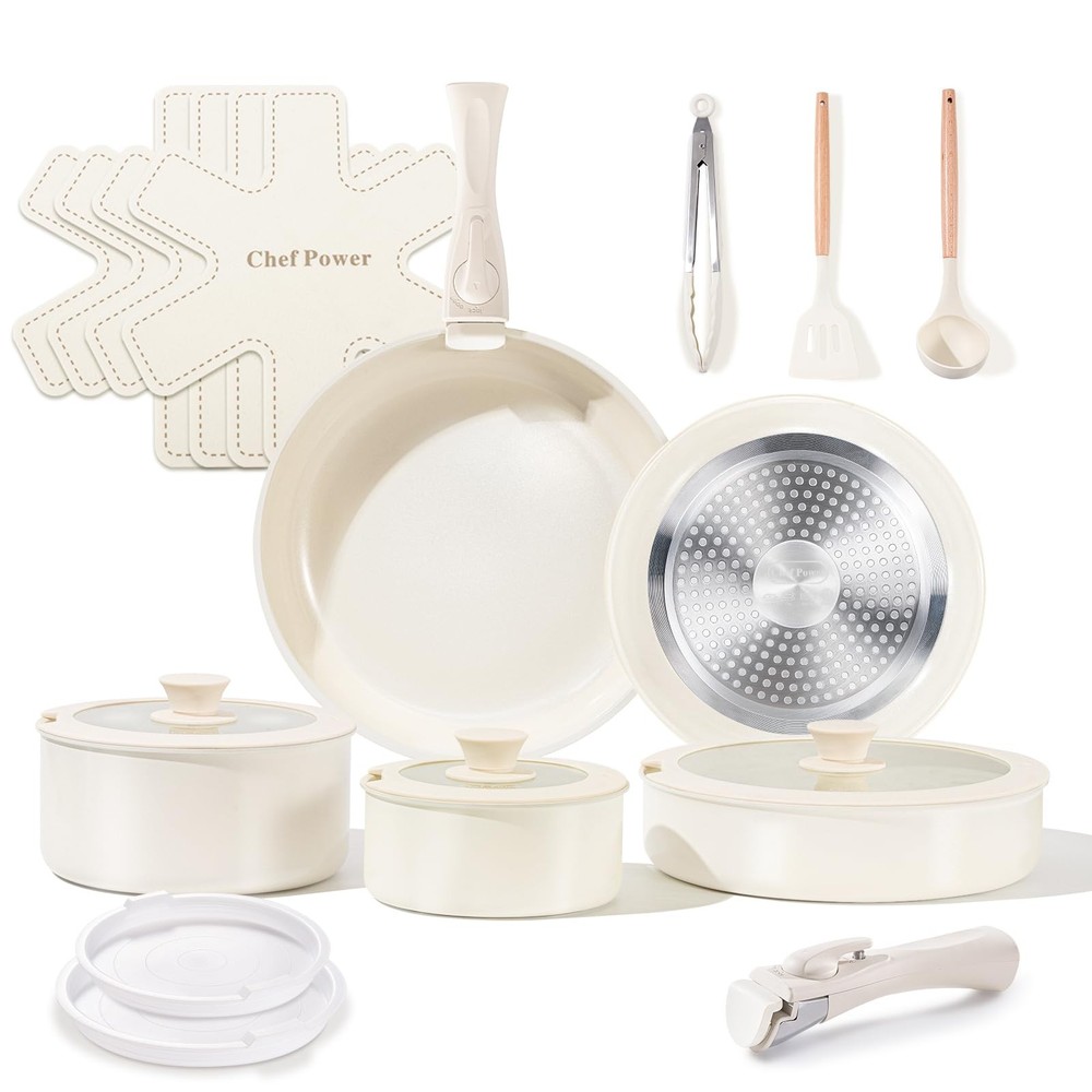 Ceramic Non Toxic Cookware Set with Removable Handles Healthy Nonstick Pans