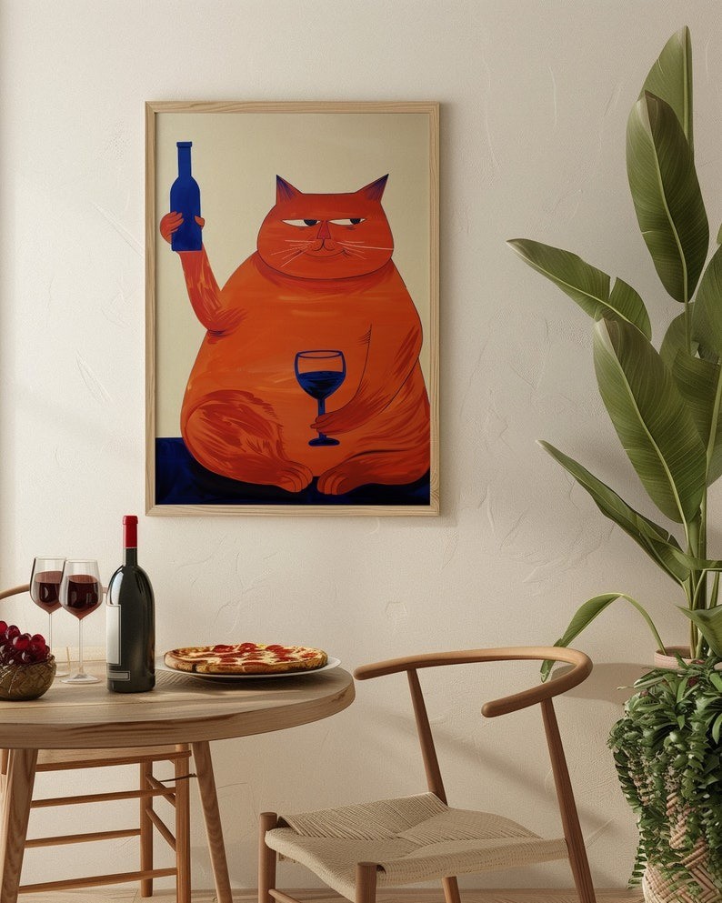 Retro Mid Century Bar Cart Decor with Cat and Wine Art Print for Kitchen