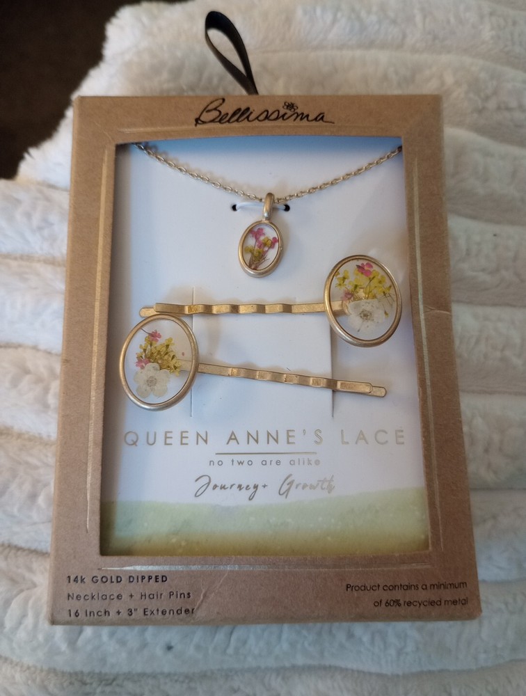 Unique 14k Gold Dipped Queen Anne's Lace Necklace and Matching Hair Pins Set