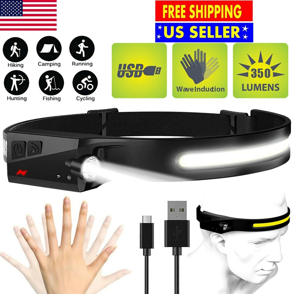 COB LED Headlamp USB Rechargeable Headlight Torch Work Light Bar Head Band Lamp