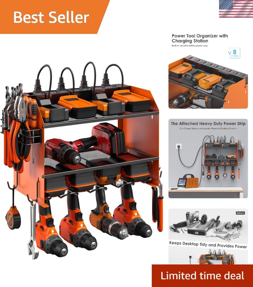 Wall-Mounted Power Tool Organizer with Charging Station for Drills - Garage Storage