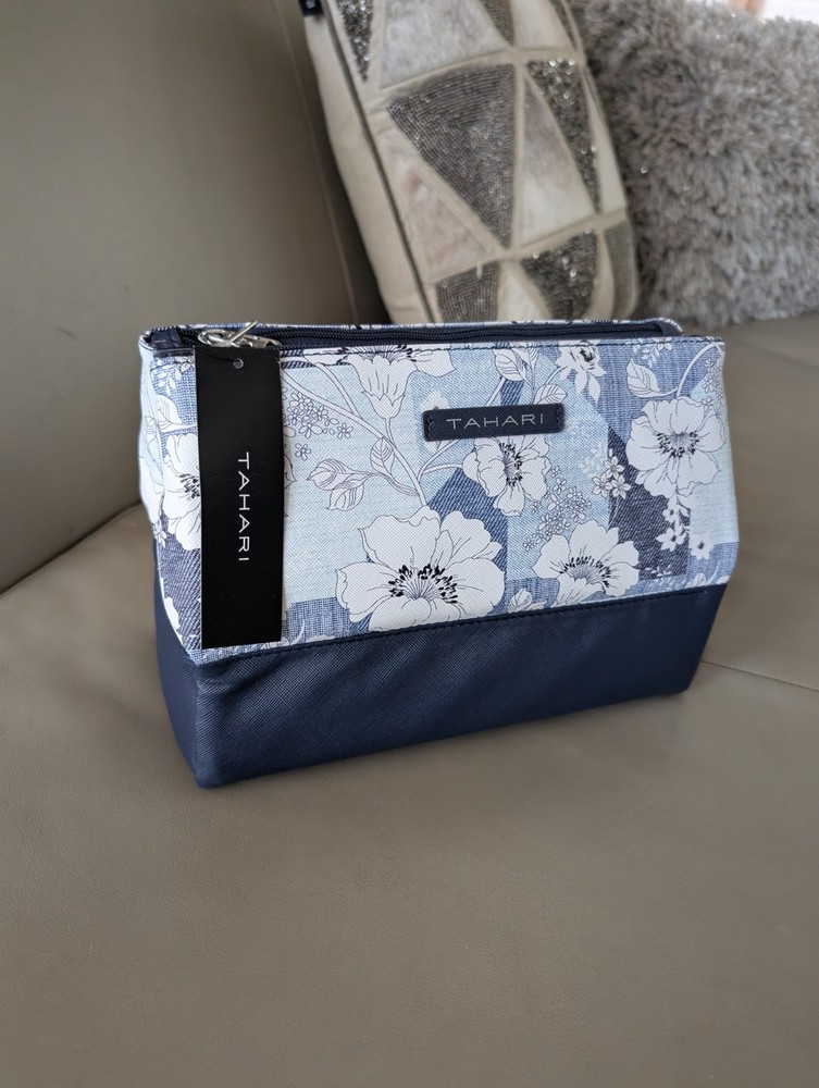 Tahari Pyramid Cosmetic Travel Bag Trifold for Makeup In  Blue And White