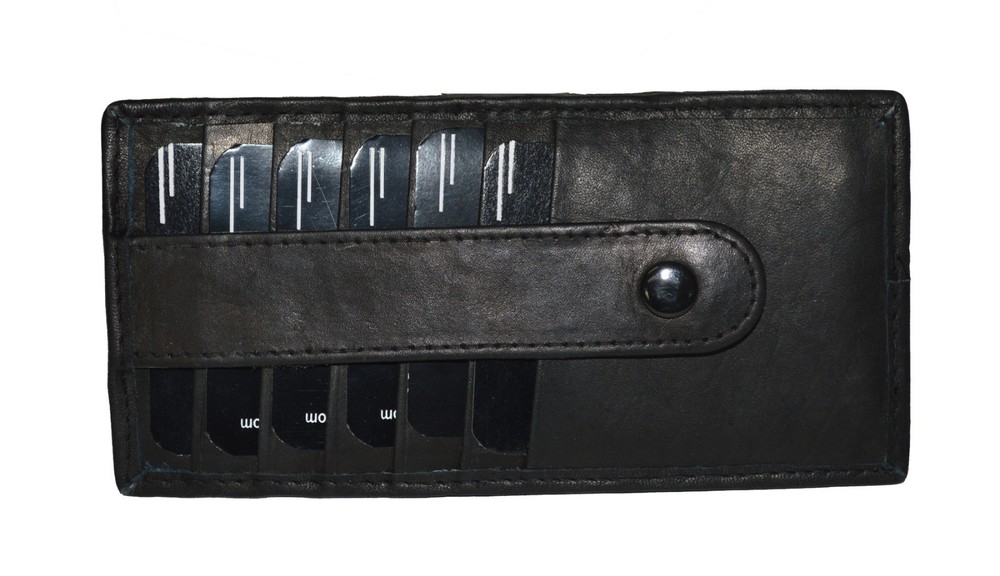 CREDIT CARD HOLDER SECURED STRAPS 2 SIDES SLIM BLACK LEATHER FREE SHIPPING-image