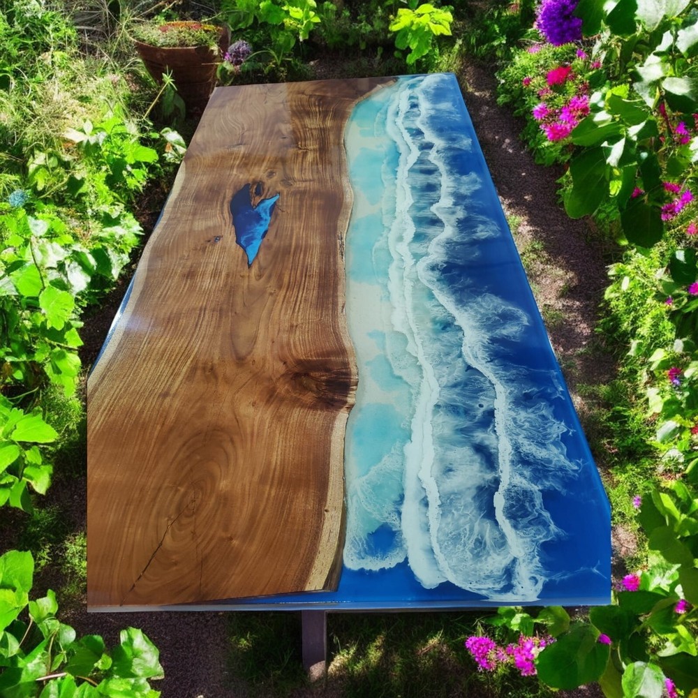 Ocean Epoxy Resin Live Edge Acacia Wood Dining Table Handmade for Living Room
