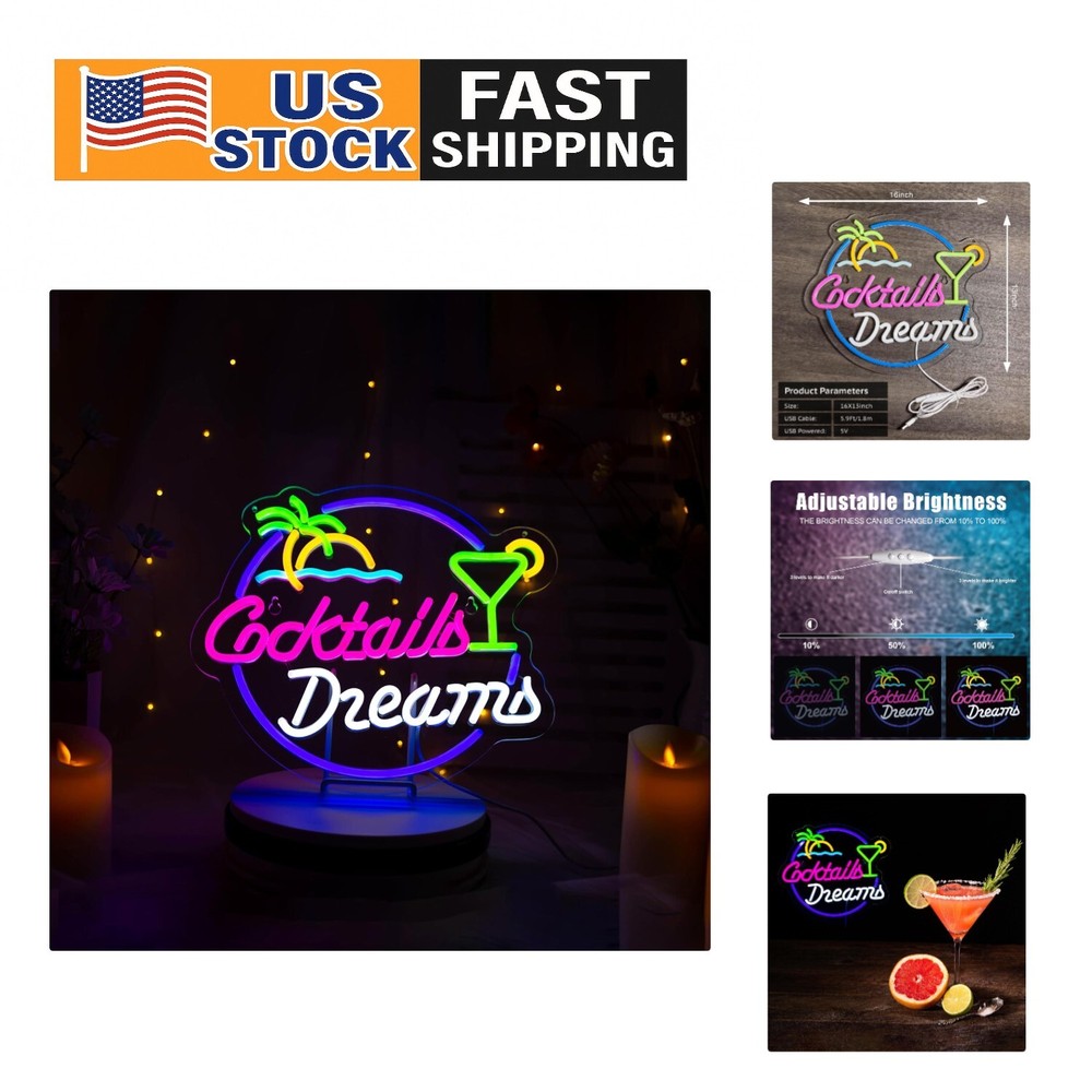 Dimmable Cocktails & Dreams Neon Sign - Palm Tree Wall Art for Bar or Bedroom
