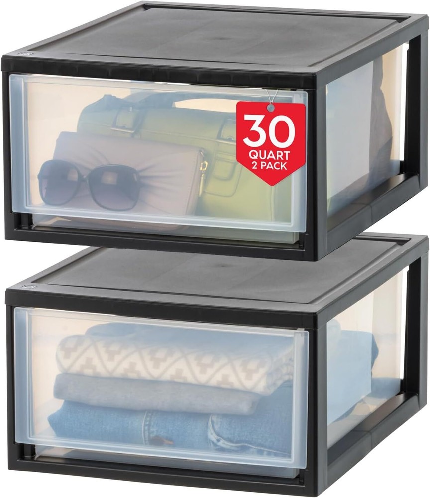 30 Qt. Plastic Drawer Storage Organizer Stacking Drawers, 2-Pack, Black