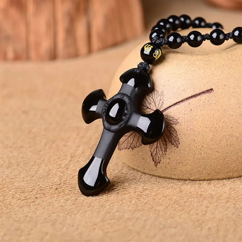 High Quality Unique Natural Black Obsidian Hand Carved Cross Lucky Amulet Pendan