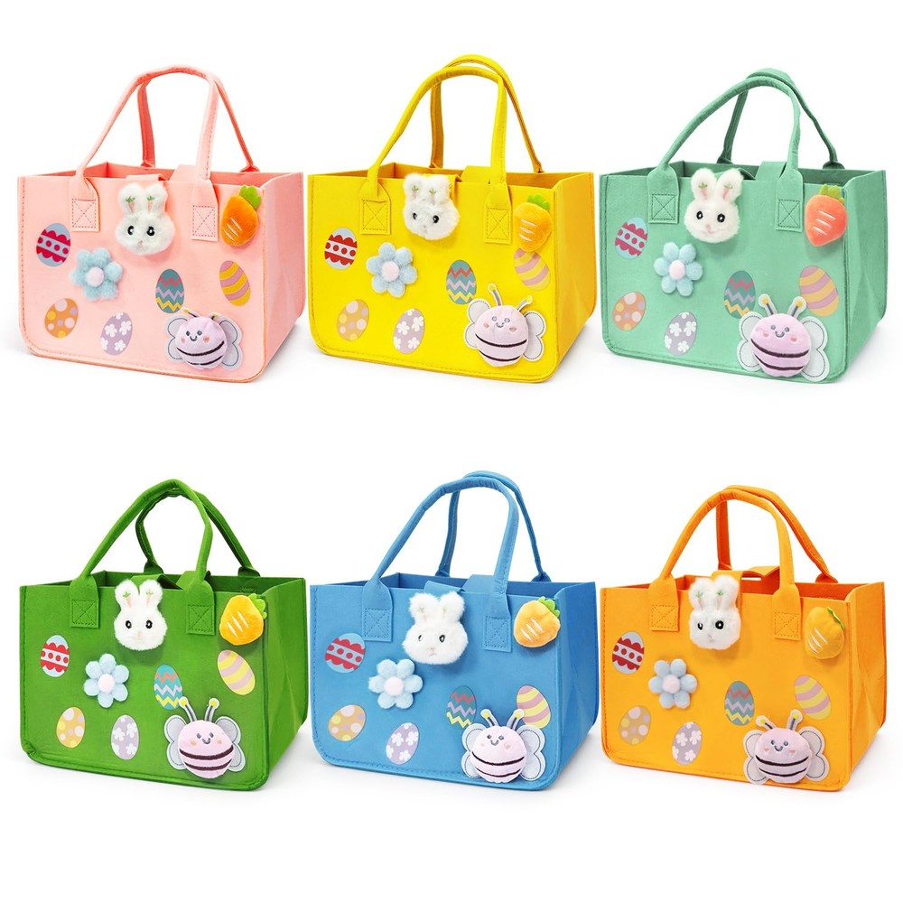 6PCS Easter Egg Hunt Bags Happy Easter Bunny Gift Bags with Handles, Easter T...