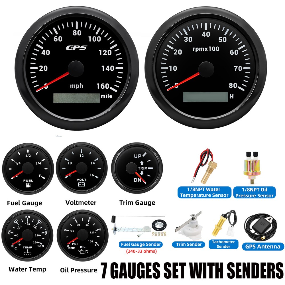 7 Gauge Kit with 85mm GPS Speedometer 0-160MPH Tachometer for Vehicles